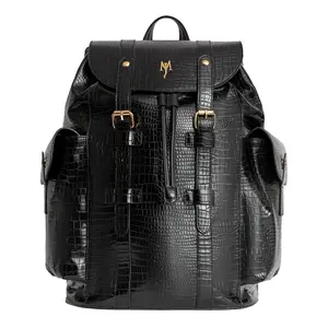 JetSetter BACK PACK - Black Crocodile Texture Backpack with Gold Buckles and Multiple Pockets