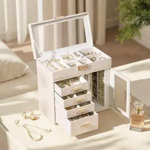 Casegrace Crystal Clear Jewelry Box with Side-Door Organizer 5-Layer Drawers Large Capacity Storage Visiable Display Case Modern Design Home Desktop Decor