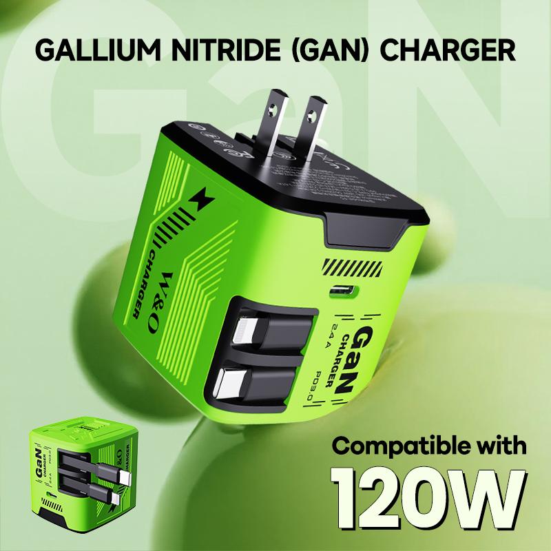 Compatible with 120W | 3-in-1 GaN Fast Charger | Built-in Retractable Lightning & Type-C Cables + 1 Extra USB-C Port | Foldable Compact Plug | Portable Universal Travel Charger for Phone, Tablet