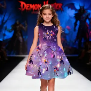 Girls Demon Hunter Huntrix Role Printed Sleeve Dress Rumi Mira Zoey Character Design Outfits Casual Fit for Kids 4-14 Years Party