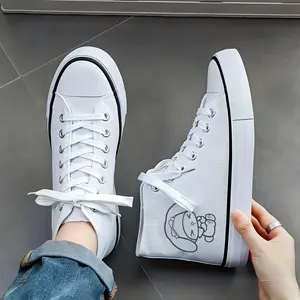 A Pair of High-Top White Shoes Featuring a Cartoon Rabbit with a Bow And Closed Eyes, Authorized by Sanrio. These Casual Sports Shoes Are Suitable for Various Activities