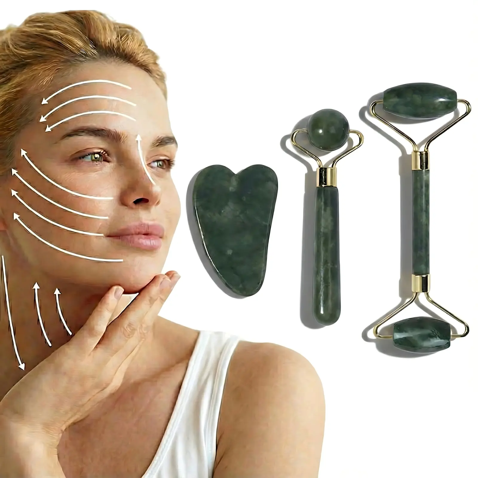 3PCS Jade Facial Roller & Gua Sha Set - Firming, Calming, Soothing Manual Massage Tools - Depuffing, Sculpting for Snatched Jawline, Lymphatic Drainage - Winter Skincare Routine, Self Care Gift, Roller Manual Massage Tools, All Skin Types
