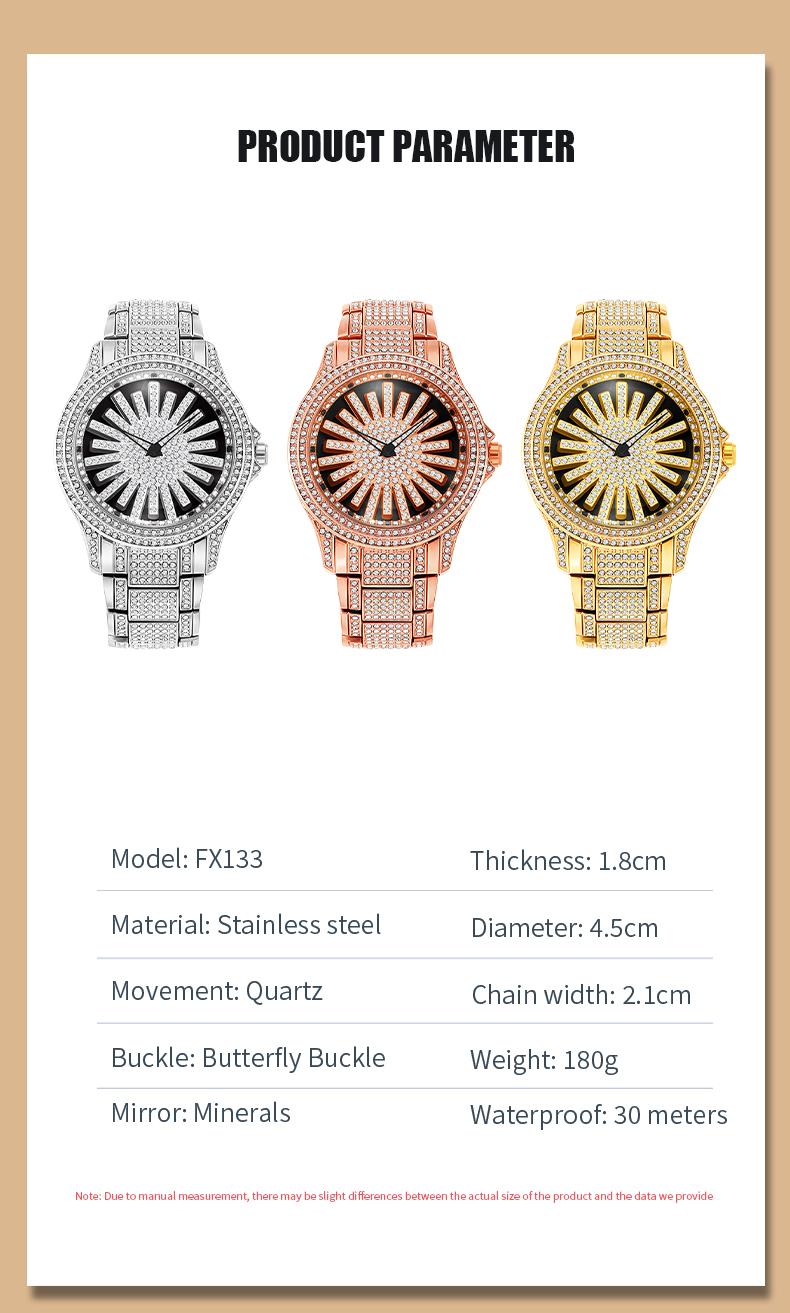 Men's Diamond - Encrusted Gold Watch, Business Quartz Chronograph with RotatingDiamond Dial, Sparkling Effect, WaterResistant, Party Daily Wear Birthday Gift (With Box) Men's Diamond - Encrusted Gold Watch, Business Quartz Chronograph with RotatingDiamond Dial, Sparkling Effect, WaterResistant, Party Daily Wear Birthday Gift (With Box)