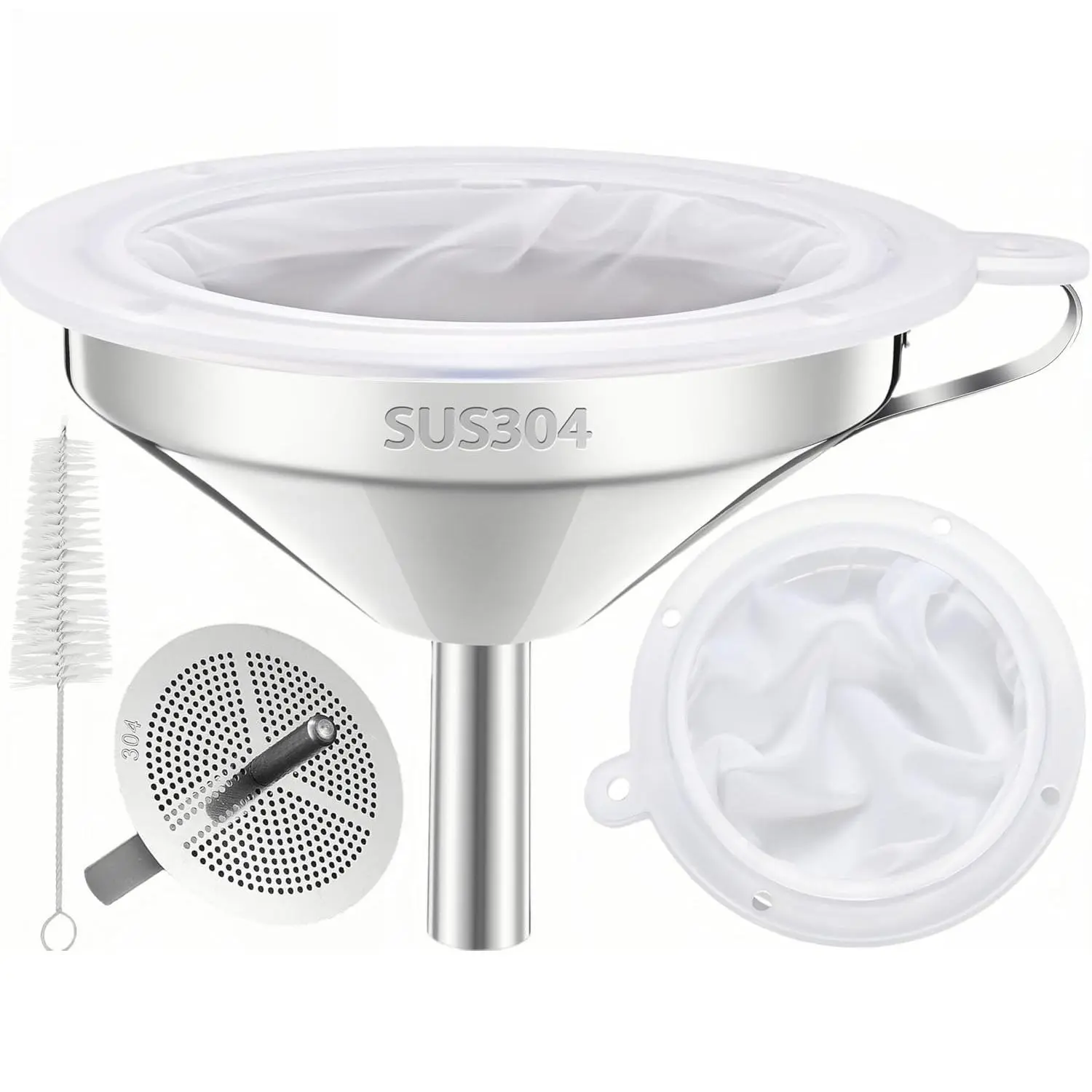 Home Handy Sturdy Utility 4-Pcs 5-In Food Grade 18/8 Stainless Steel Kitchen Funnel Set with 200-Mesh Filter Strainer for Fryer Oil, Grease, Juice, Milk