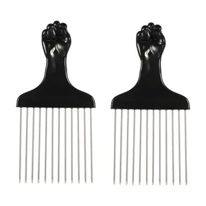 VOCOSTE 2pcs Metal Hair Pick, Metal African Hair Picks, Afro Hair Pick Comb for Women and Men, Afro Comb for Fluffy, Thick, Curly Hair, Black Silver Tone, 5.83"x2.83"