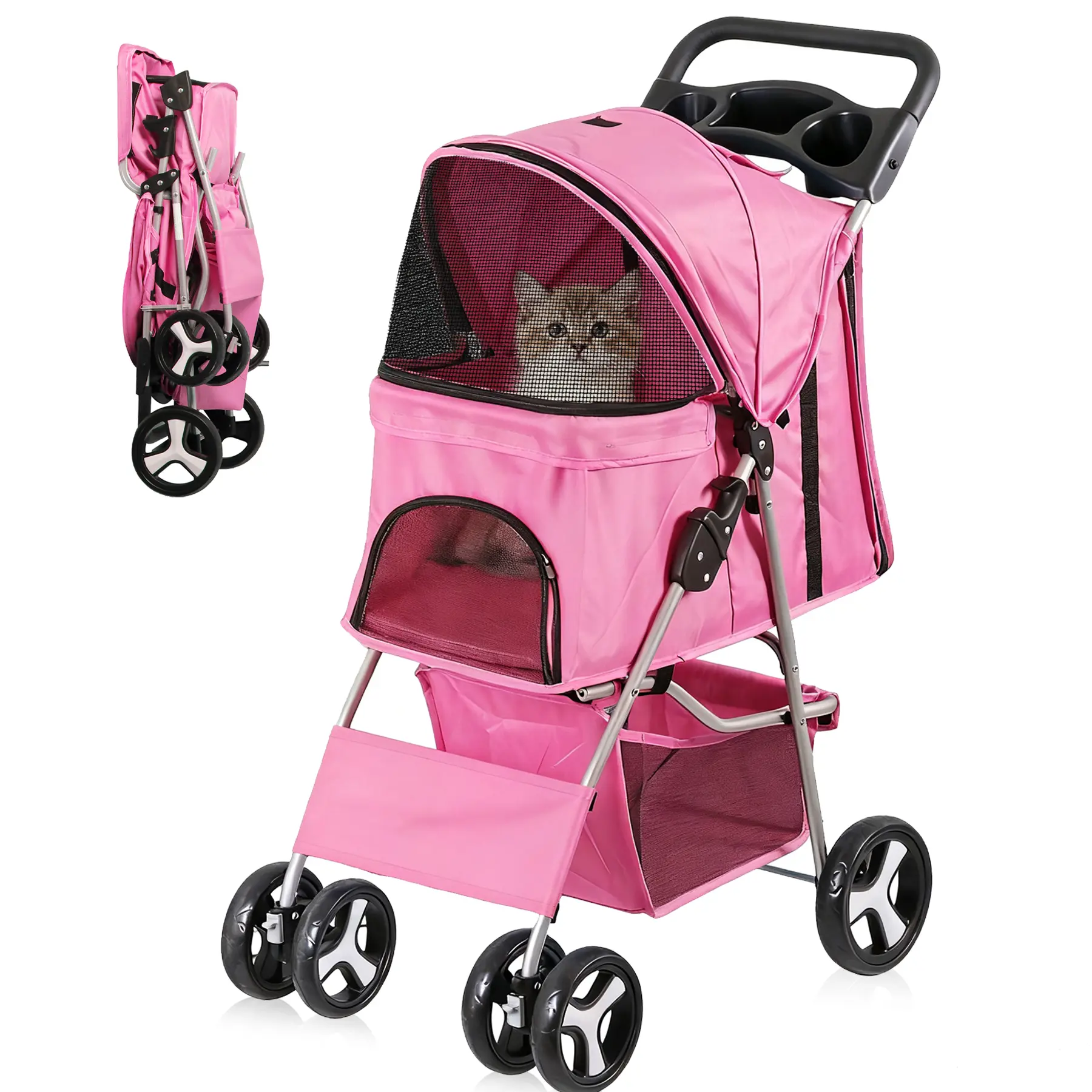 Segawe 4-Wheel Collapsible Pet Stroller Carrier for Small Dogs & Cats - 4‑Wheel Stability, joint support, mesh ventilation, thick fabric, pink, stress reduction, gear basket, cup holders ready, snack tray
