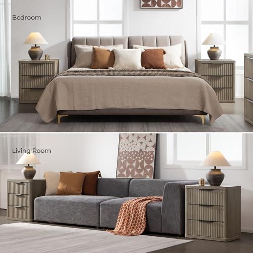 SICOTAS Night Stand Set of 2 Nightstands with 3 Drawers Storage Bedside Table Large Fluted Bed Side End Table Modern 25.6" Tall Wide Mid Century Night Stands for Bedroom Living Room Sofa Couch Office, Minimalist and Practical