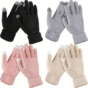 4 Pairs Women's Thermal Fleece Lined Gloves Cold Warm Winter Touch Screen Gloves Winter Warm Gloves Korean Style Gloves Velvet Thickened Cycling Gloves Elastic Cuffs Suitable for Skiing, Going Out, Outdoor