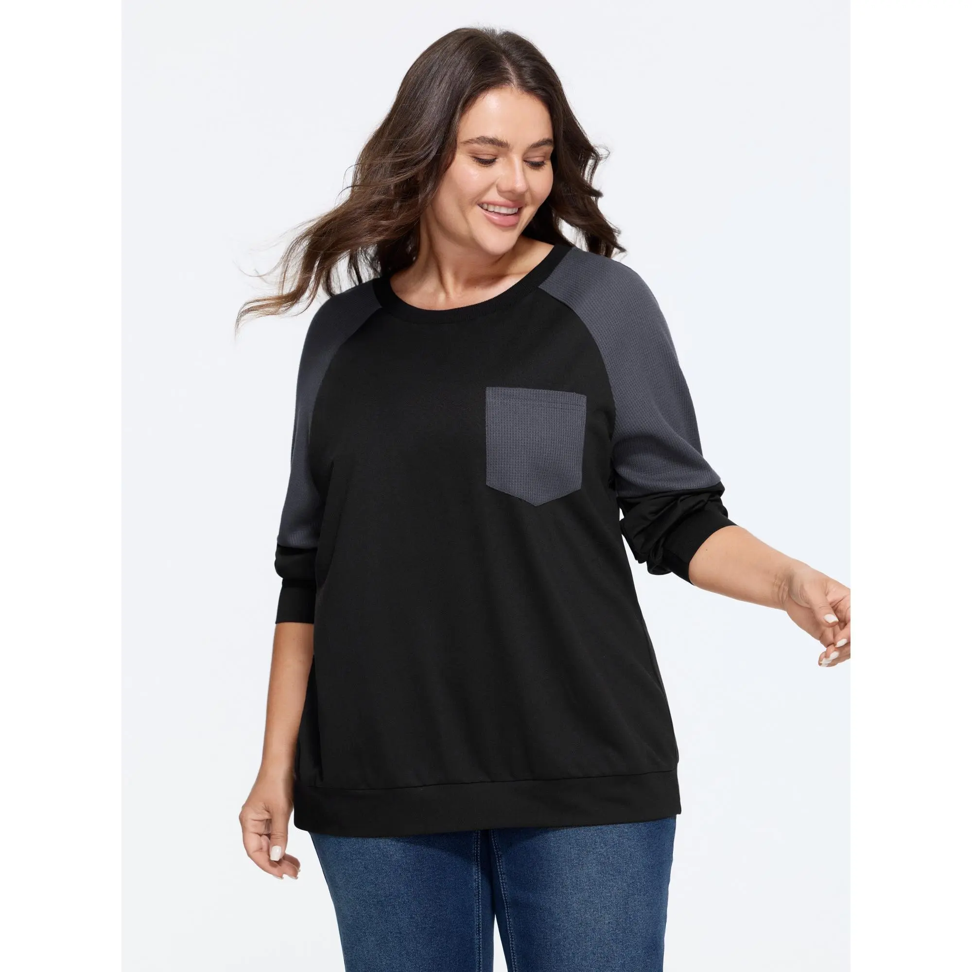 BloomChic Supersoft Color Block Raglan Sleeve Pocket Patchwork Sweatshirt 【M-6XL】