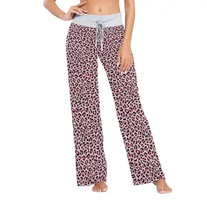 Women’s Pink Leopard Print Pajama Pants – Soft Sleepwear, Drawstring Elastic Waist, Wide Leg Lounge Long PJ Bottoms