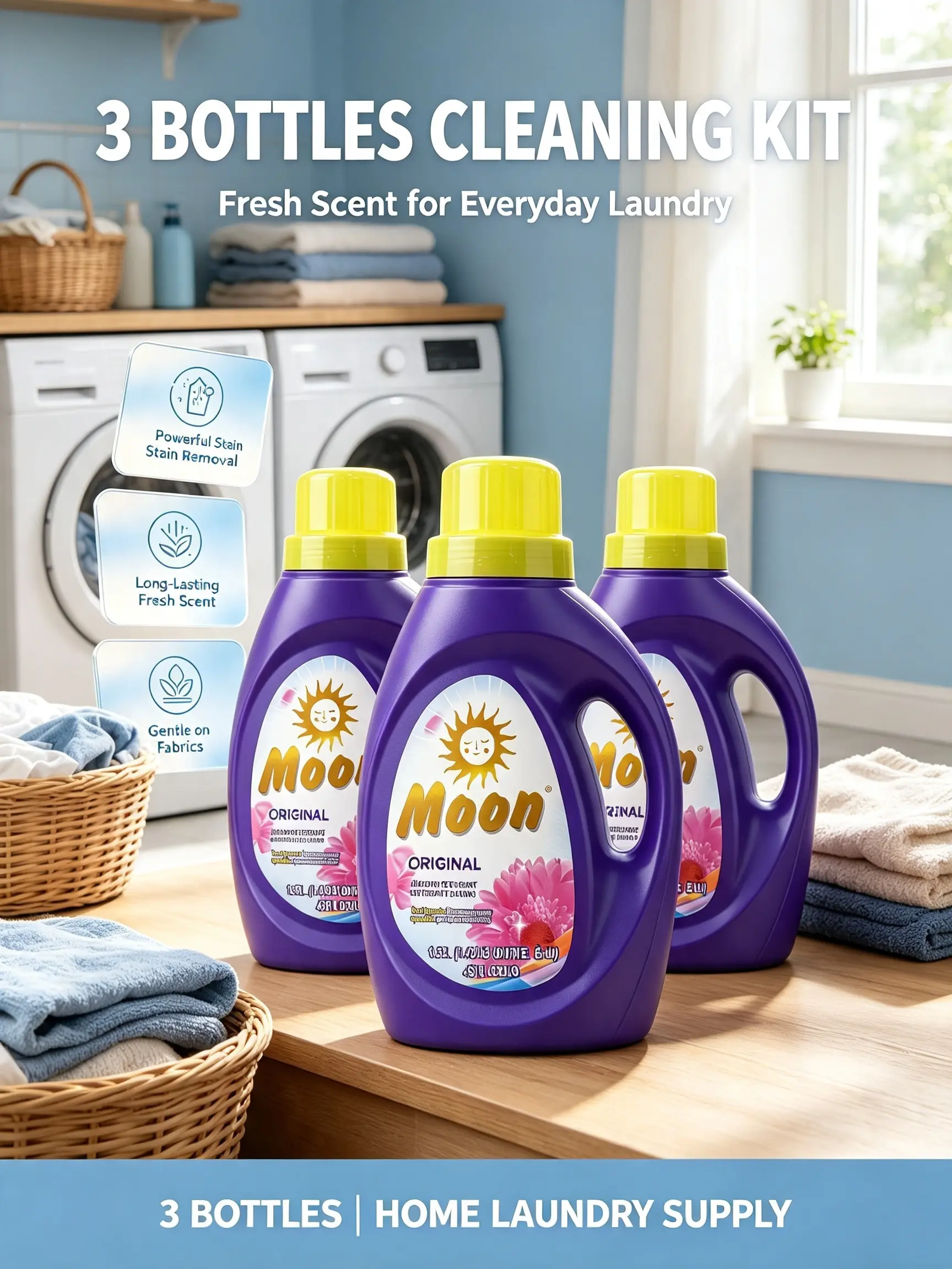 Moon Liquid Laundry Detergent Original Fragrance 3 Bottles, Powerful Clean Gentle On Clothes, Long-Lasting Fresh Scent Washing Liquid, High Efficiency Machine Laundry Detergent For Daily Garments