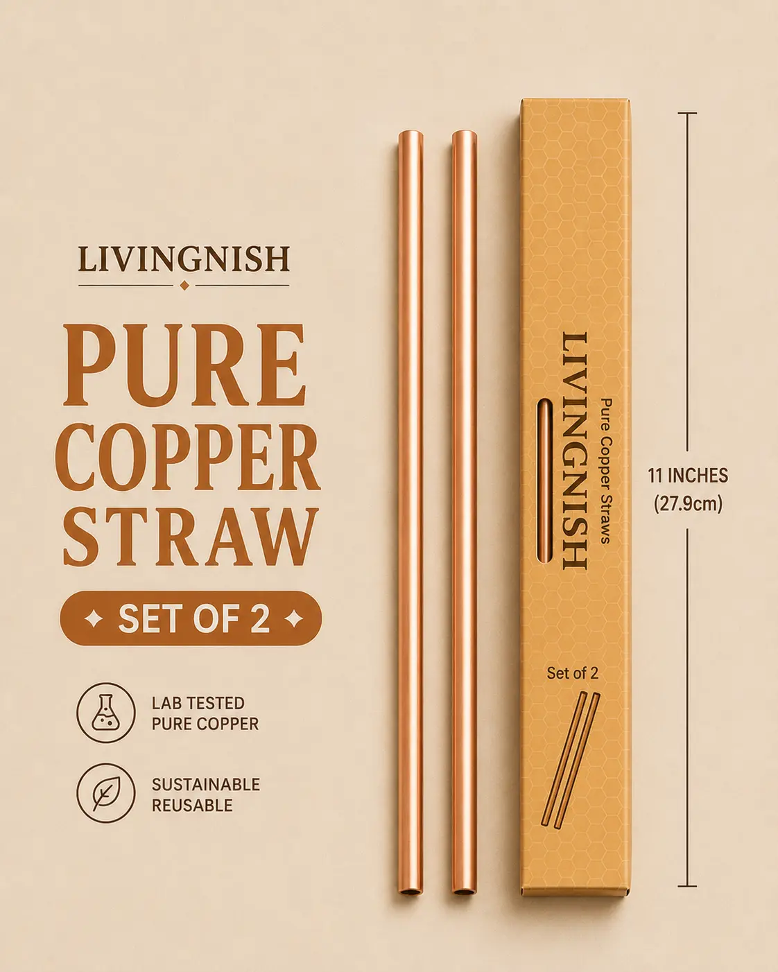 11” Pure Copper Reusable Metal Drinking Straws, 2-Piece Set for Mugs, Kitchenware & Bar Utensils