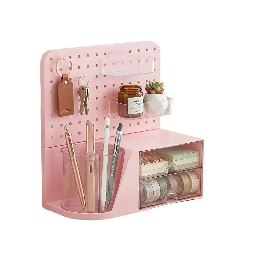 【Back To School】Comix Desk Organizer with Drawer, 360° Rotating Pen Holder for Desk, Pen Organizer with 5 Slots Pencil Holder+Pegboard+2 Drawer for Office Home Art Supplies,  office girly desk accessories