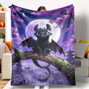 Moonlight Dragon Flannel Blanket Fantasy Cherry Blossom Print Design Soft Warm Cozy Durable Lightweight Perfect for Bedroom Living Room Sofa Office Gift Decor