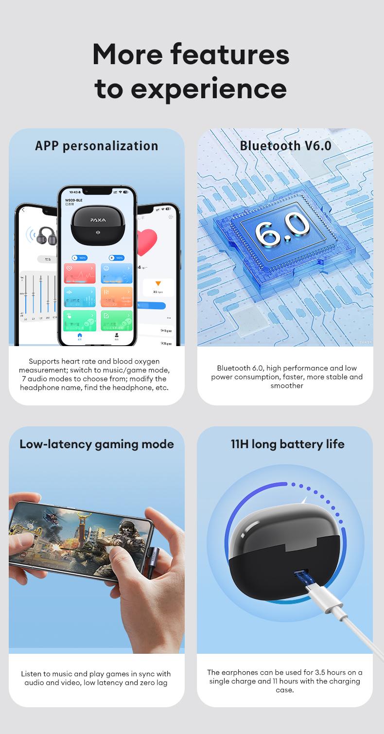 PAXA Hbuds pro  Bluetooth Heart Rate Earphones, supporting heart rate and blood oxygen detection, equipped with optical in ear detection, IPX5 waterproof and sweat proof, very suitable for outdoor sports