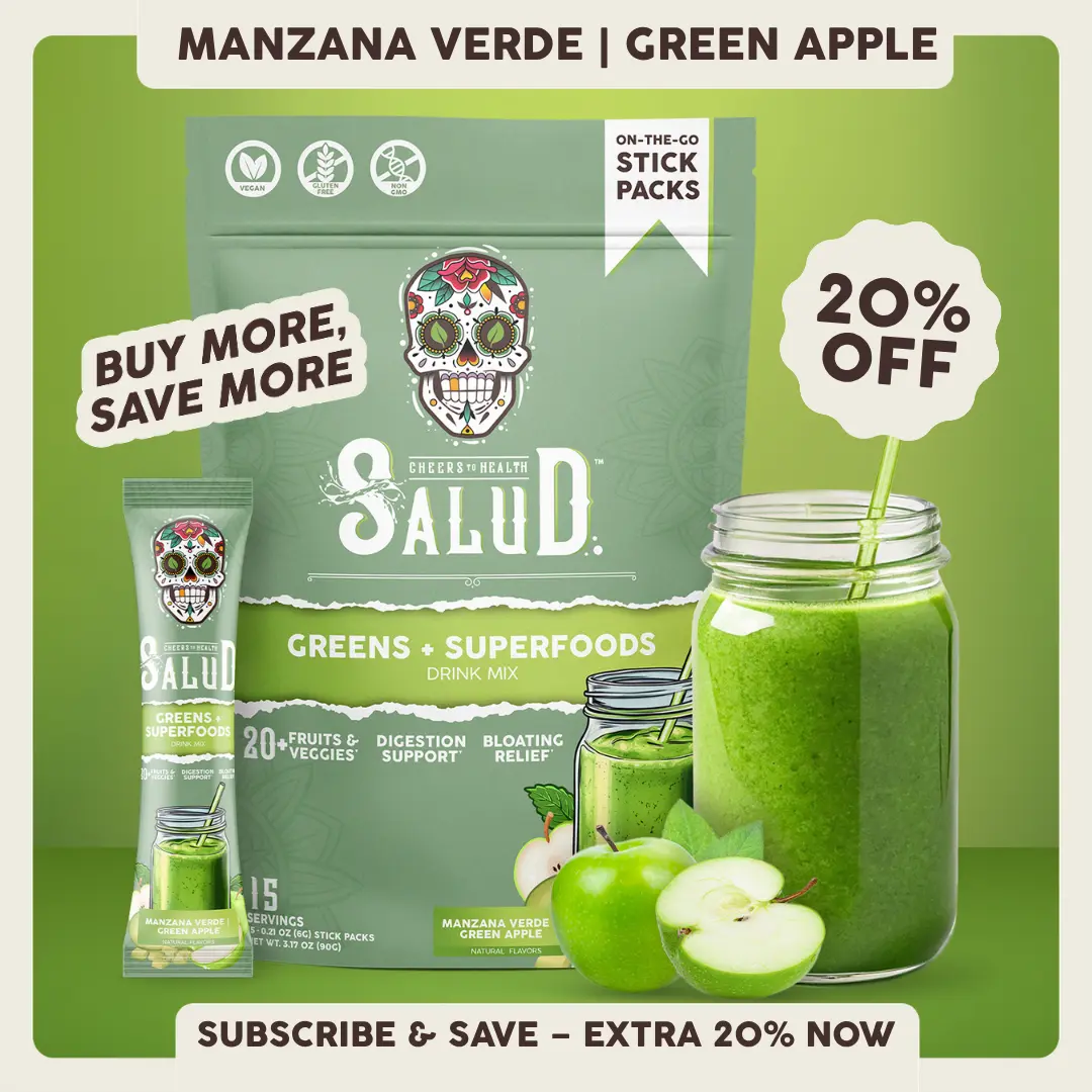 Salud 2-in-1 [Greens + Superfoods - Green Apple] Daily Greens Drink Mix,Agua Fresca,  Gut Health & Bloating Support, Probiotics & Prebiotics, Vegan, Non-GMO, Easy-to-Drink Greens Powder (15 Servings)