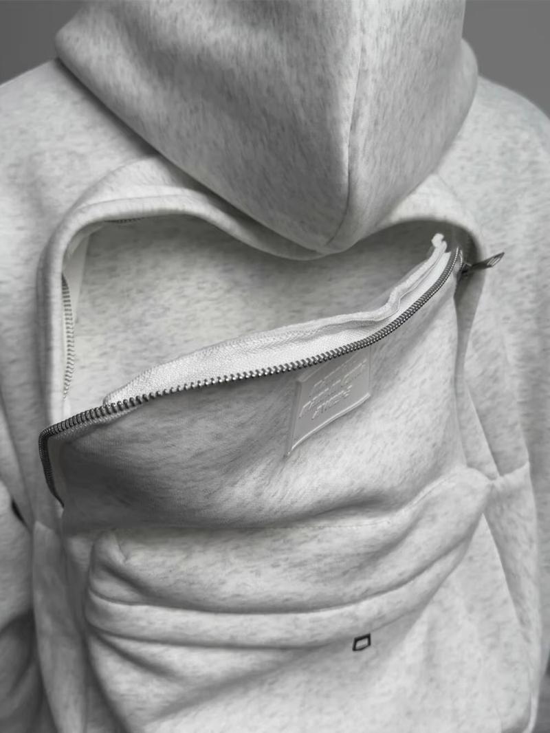 Men's Backpack Cardigan Hoodie White Gray Stylish Sporty Hooded Sweatshirt with Functional Layered Pockets for Gym Casual Outdoor Activities