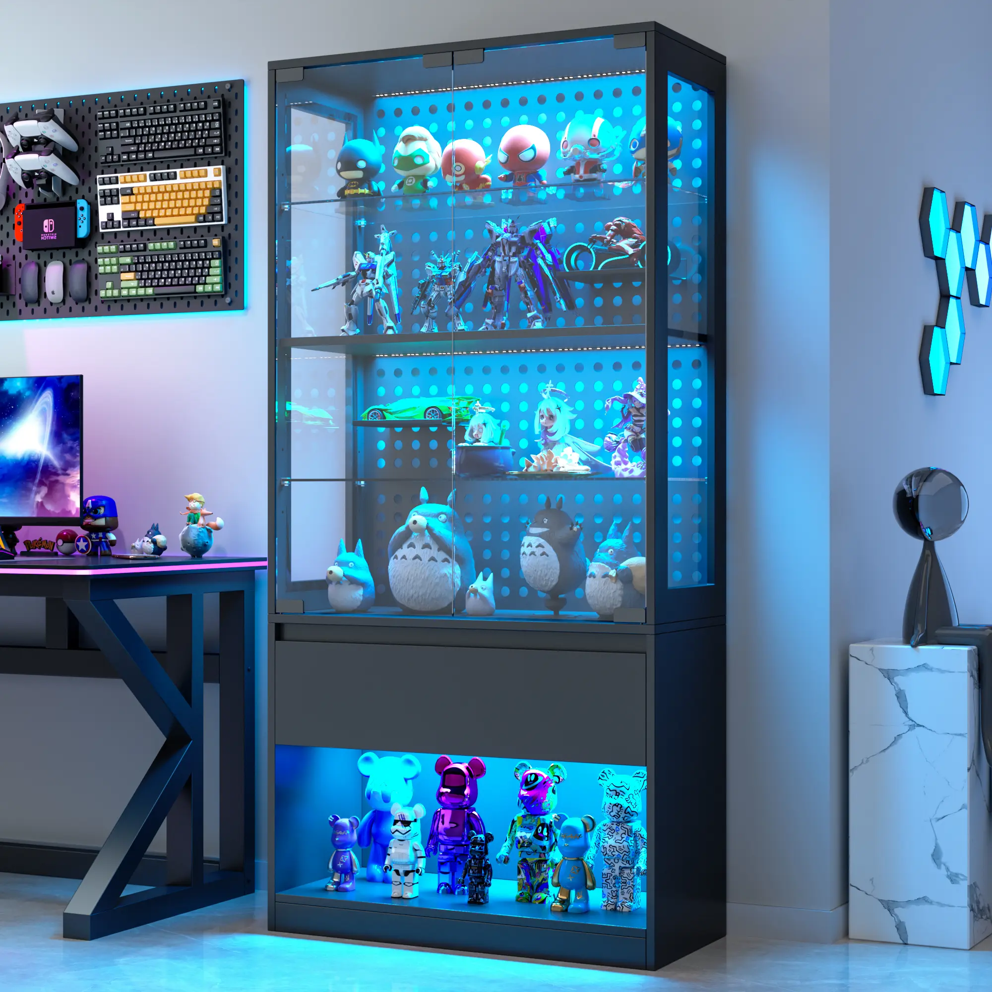 Kepptory 65" Tempered Glass Curio Cabinet - LED Lights, Adjustable Shelves, Single Unit Wine Bar Storage, Black Indoor Pegboard Furniture for Collectibles, Gaming Items with Easy Assembly