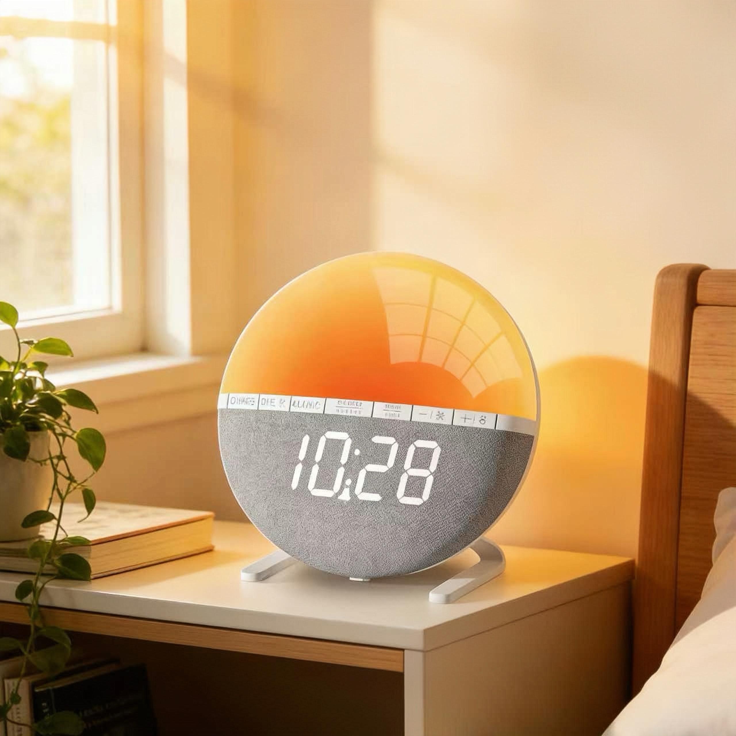 6-inch sunrise simulation alarm clock with 7 colorful light options and 7 ringtones, comfortable wake-up experience, modern home accent for bedroom and living area deep sleeper sunset aesthetic dream egg alarmclock despertador analogue heavy LED Digital