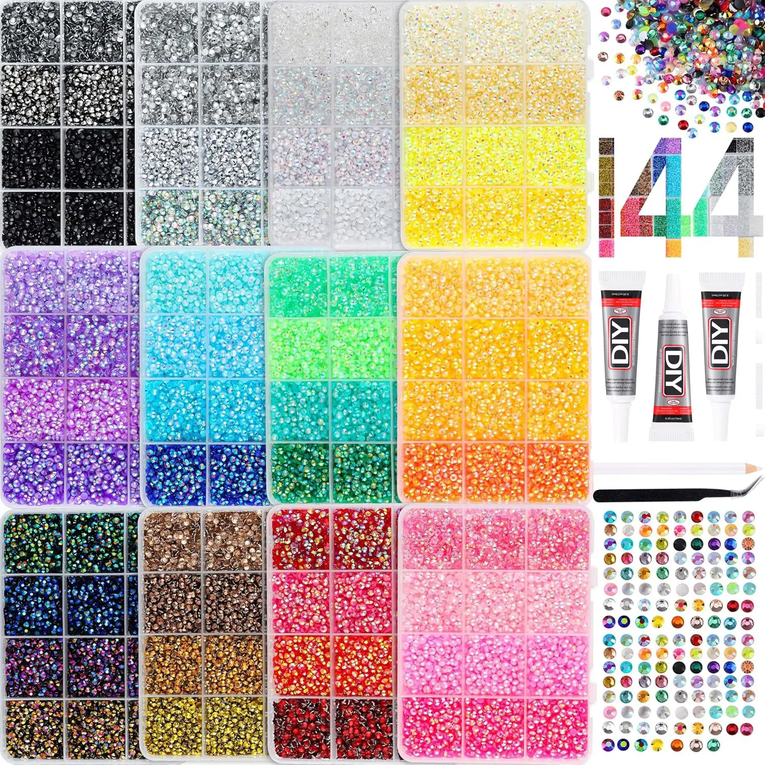12 Box Resin Jelly Rhinestones Set, Includes , Tweezers, Applicator, Perfect for Nail Art, Phone Decor, Jewelry, DIY Crafts，Nail Art Rhinestones / Flatback Crystals / Pickup Tool。 Jelly Rhinestones /Bedazzling Kit/Diamong Art，Tumbler，Book Cover。Bling Kit