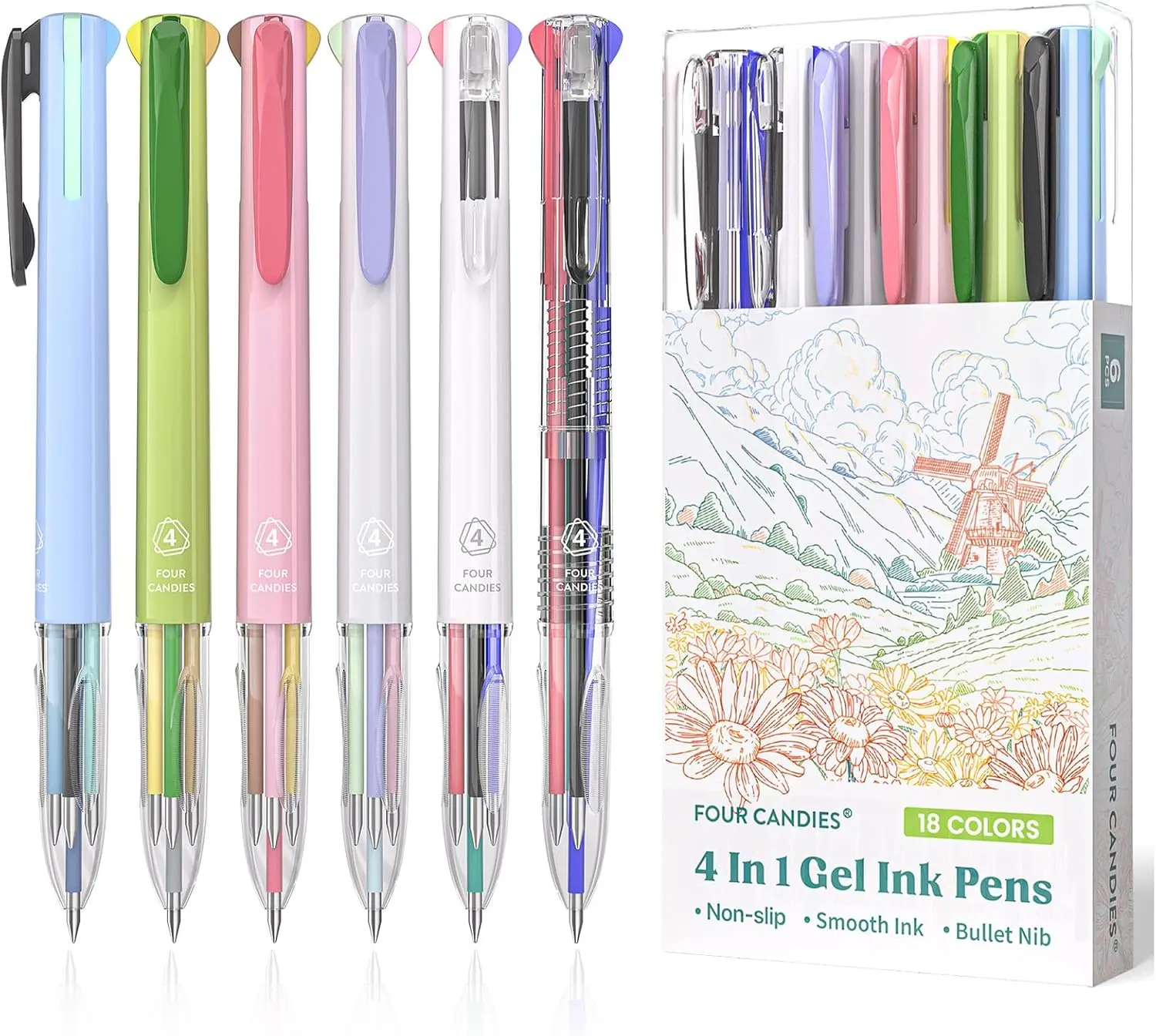 Four Candies 6PCS Multicolor Pen 0.5mm 4-in-1 Colored Pens 18 Colors Retractable Ergonomic Design for Students Nurses Office Supplies Smooth Writing Pens, girly office supplies, fun pen,back to school,back to school haul