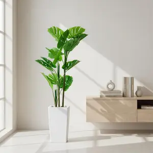 4.5FT Artificial Monstera Deliciosa Plant with White Tall Planter Realistic Fake Indoor OutdoorPlant with White Planter for Home Office Decor