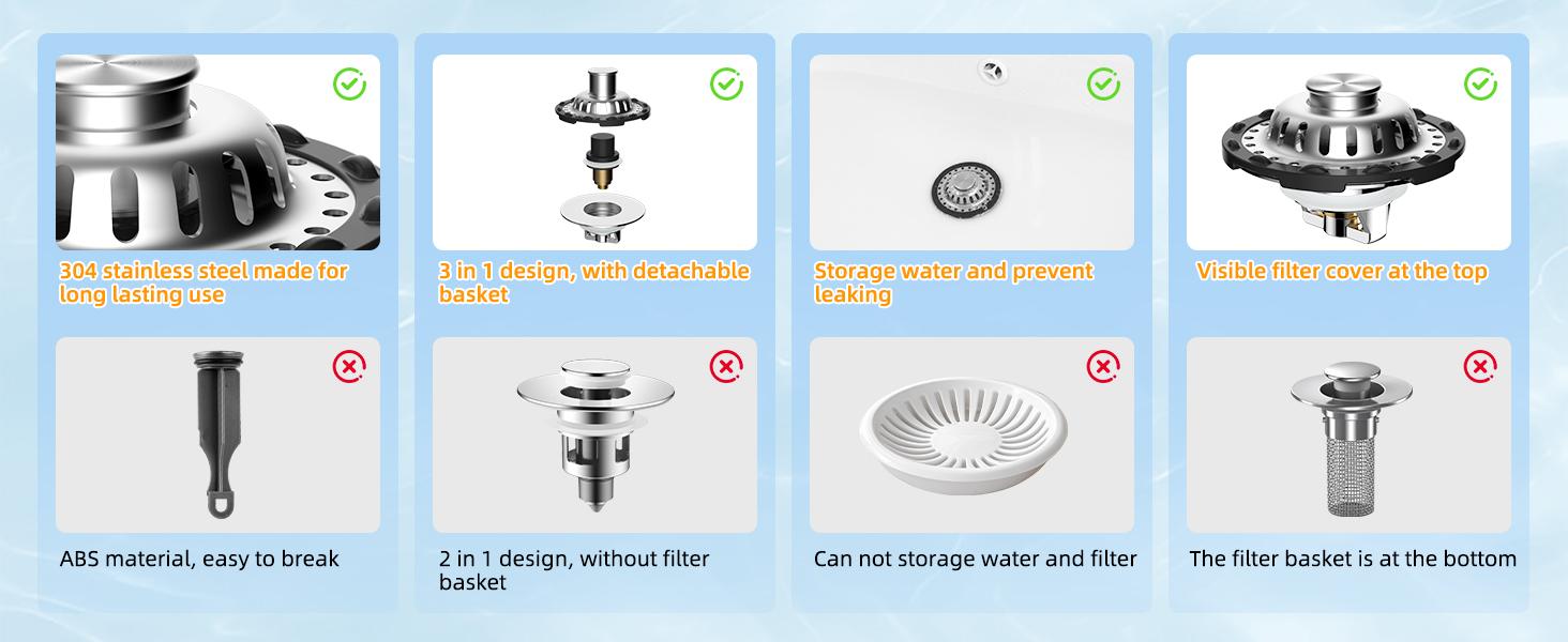 Upgraded Bathroom Sink Drain Stopper with Visible Top Stainless Steel Filter Basket Hair Catcher, 3 in 1 Pop-up Sink Strainer Fit for Standard 1.1''~2.36'' Basin Hole, Not for Bathtub, Chrome