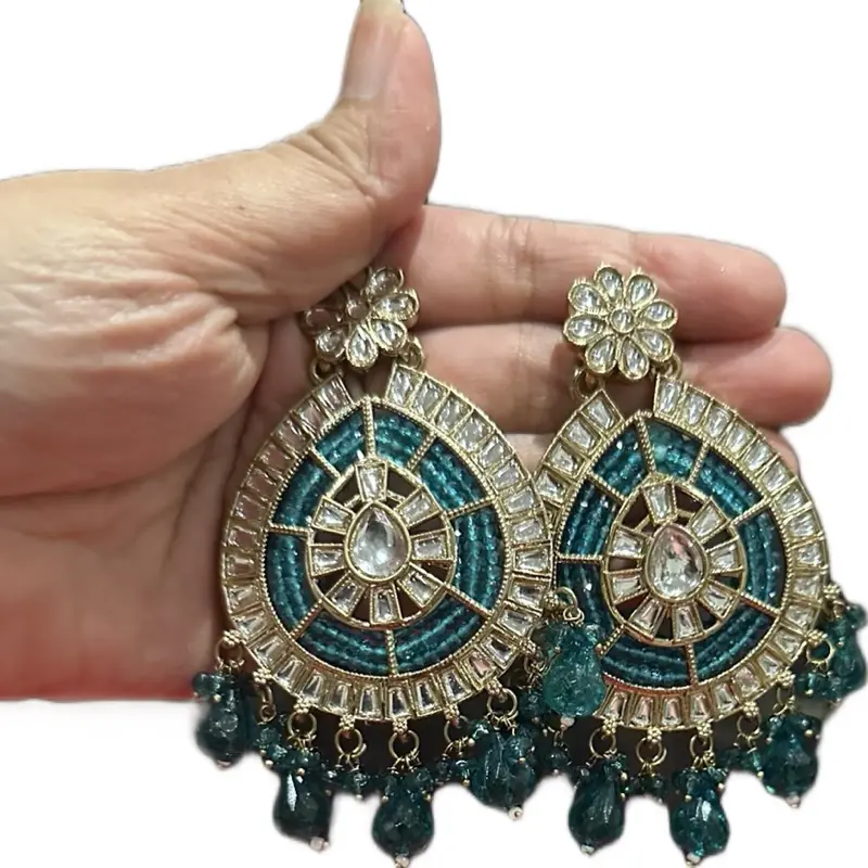 Traditional Bollywood Hand-Crafted Green Gemstone Accents Earrings, Intricate Design Gemstone Earrings, Green Gemstone Earrings