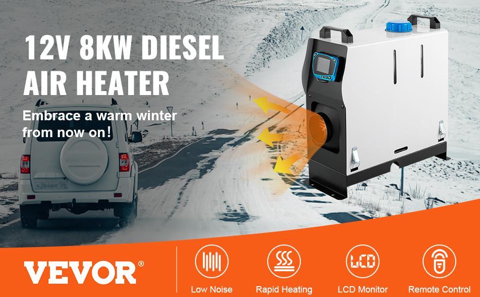VEVOR Diesel Air Heater, High Altitude Automatic Adjustment Max 18045 ft / 5500 m, 12V 8KW Vertical All-on-one with Remote Control and LCD, Portable Parking Heater Fast Heating Low Noise, Diesel Heater for Truck RV Trailer Camper Van Boat and Indoors