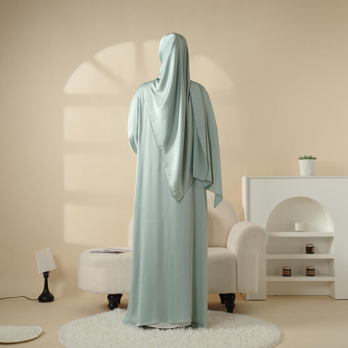 Poet Sleeve Satin Abaya Set | 4-Piece Satin Design | Shimmering Gem Details | Includes Open Abaya, Fitted Inner Dress, Hijab, Belt | Side Pockets & Round Neckline | Full-Length Elegance | Perfect for Weddings & Formal Events | elegant maxi winter jilbabs