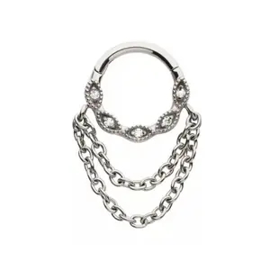 Marquise Shaped CZ Crystal Lined Hoop with Double Dangling Chains Hinged Segment Ring - 316L Stainless Steel