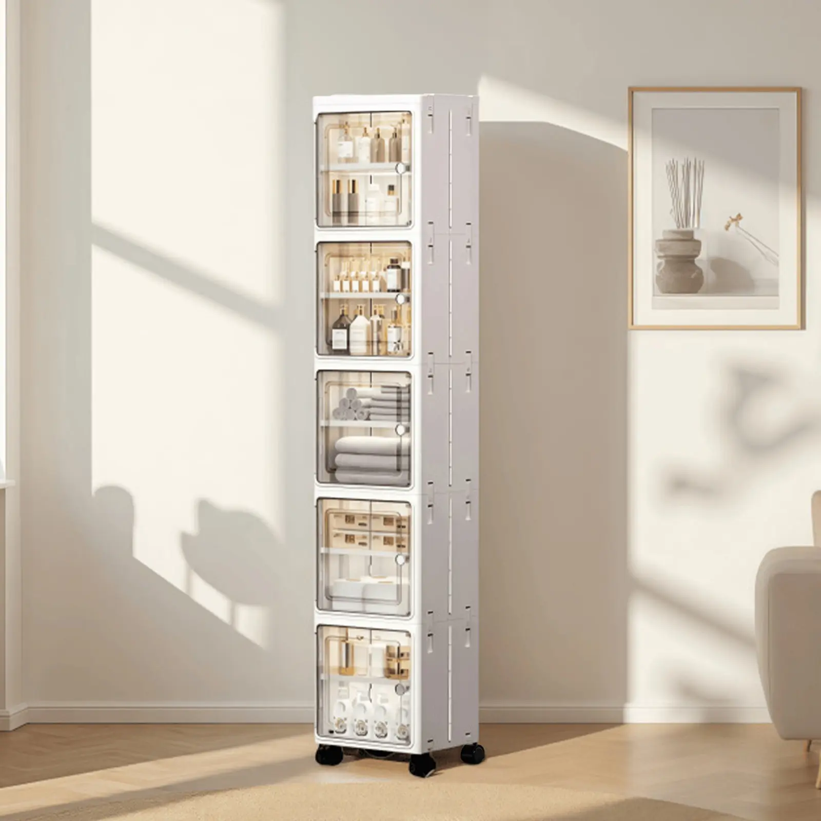 Tall Narrow Slim Storage Cabinet with Magnetic Transparent Doors, Plastic Gap Storage Organizer with Lockable Wheels & Adjustable Shelves, Foldable Kitchen Bathroom Pantry Cabinet for Small Narrow Space, Laundry Room Home Organization