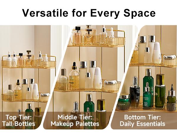 UFORU 3 Tiers Corner Bathroom Counter Organizer, Clear Countertop Shelf Storage Rack, Cosmetic Perfume Tray Standing Holder with Gold Metal Pole, Skincare Sink Organizer for Vanity Kitchen Transparent Smooth