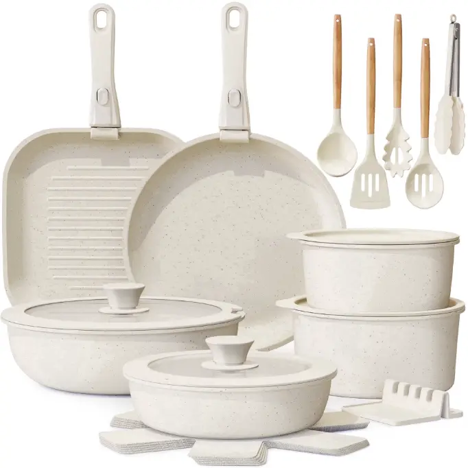 Astercook 22 Piece Pots and Pans Set Non Stick, Cookware Set with Detachable Handles, Oven Safe, Induction Ready, Stackable RV Kitchen Cooking Set, Cream White