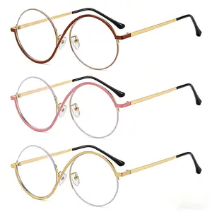 3 pairs of half frame S-shaped metal round frame glasses, comfortable non prescription flat lenses, fashionable and casual versatile anti blue light glasses