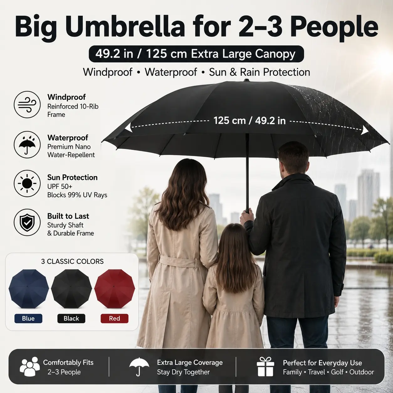 49.2in/125cm Extra Large Windproof Umbrella for 2-3 People, 10-Rib Reinforced Waterproof UV Sun Rain Stick Umbrella, Strong Sturdy Oversized Golf Umbrella for Men Women Family, Business Travel, Outdoor Walking, Outing Daily Rainy Days