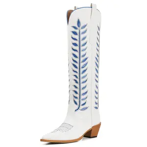 Women Embroidered Western Cowboy Boots Floral Stitching Knee High Boots Pointed Toe Chunky Heel Fashion Riding Boots