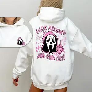 Scream Skeleton Spooky Fck Around And Find Out Sweatshirt, 2 Side Halloween Ghost Face Hoodie, Fall Tee, Coffee Lover Fall Tee, Halloween Casual Sweatshirt Hooded Outfiter Gift For Best Friend HusBand Wife Fabric Crew Neck