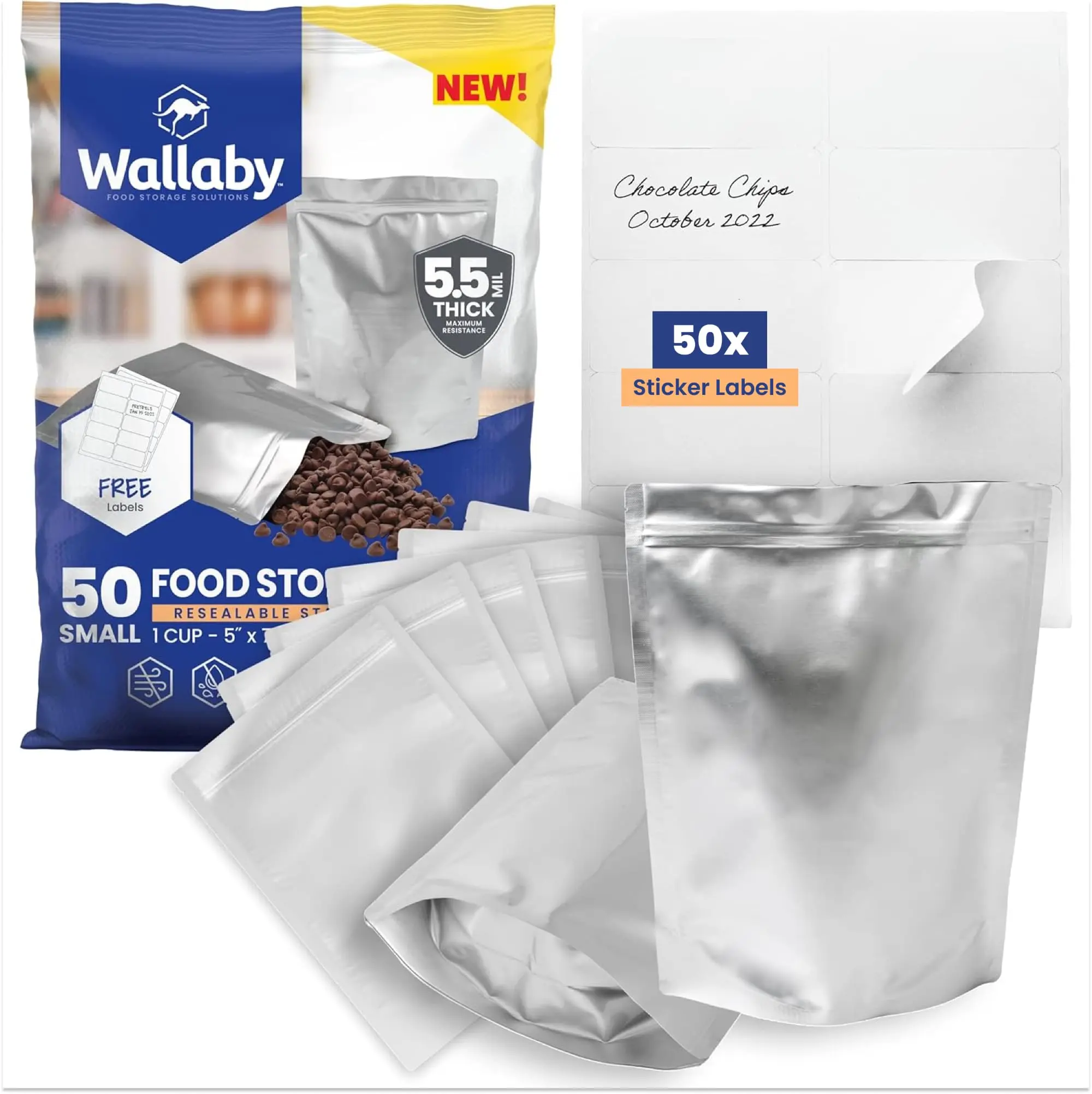 Wallaby 1-Cup Gusseted Lightblock Mylar Storage Bags (50 Count) - 11 Mil Thick, Heat-Seal Airtight Food-Grade Preserving Containers, Silver, BPA-Free for Peace of Mind, Labels Compatible, Emergency Prep