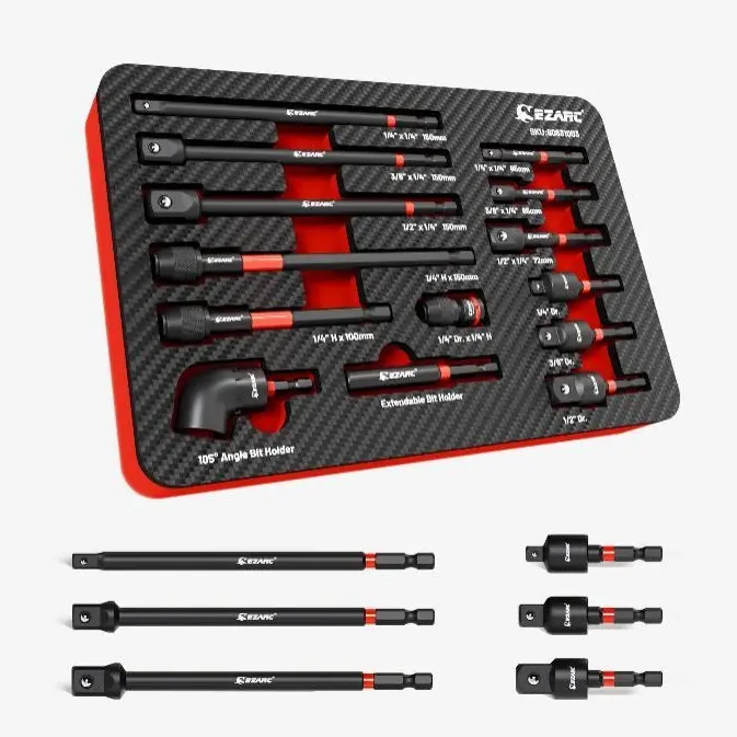 EZARC 14PC Impact Socket Adapter Set - 1/4", 3/8", 1/2" Square Drive, Quick-Release Magnetic Drill Bit Extension, Swivel & Right Angle Attachments for Drills & Impact Drivers, Auto Repair, Furniture, Cabinetry, Corner Fastening (Father's Day Gift), Father
