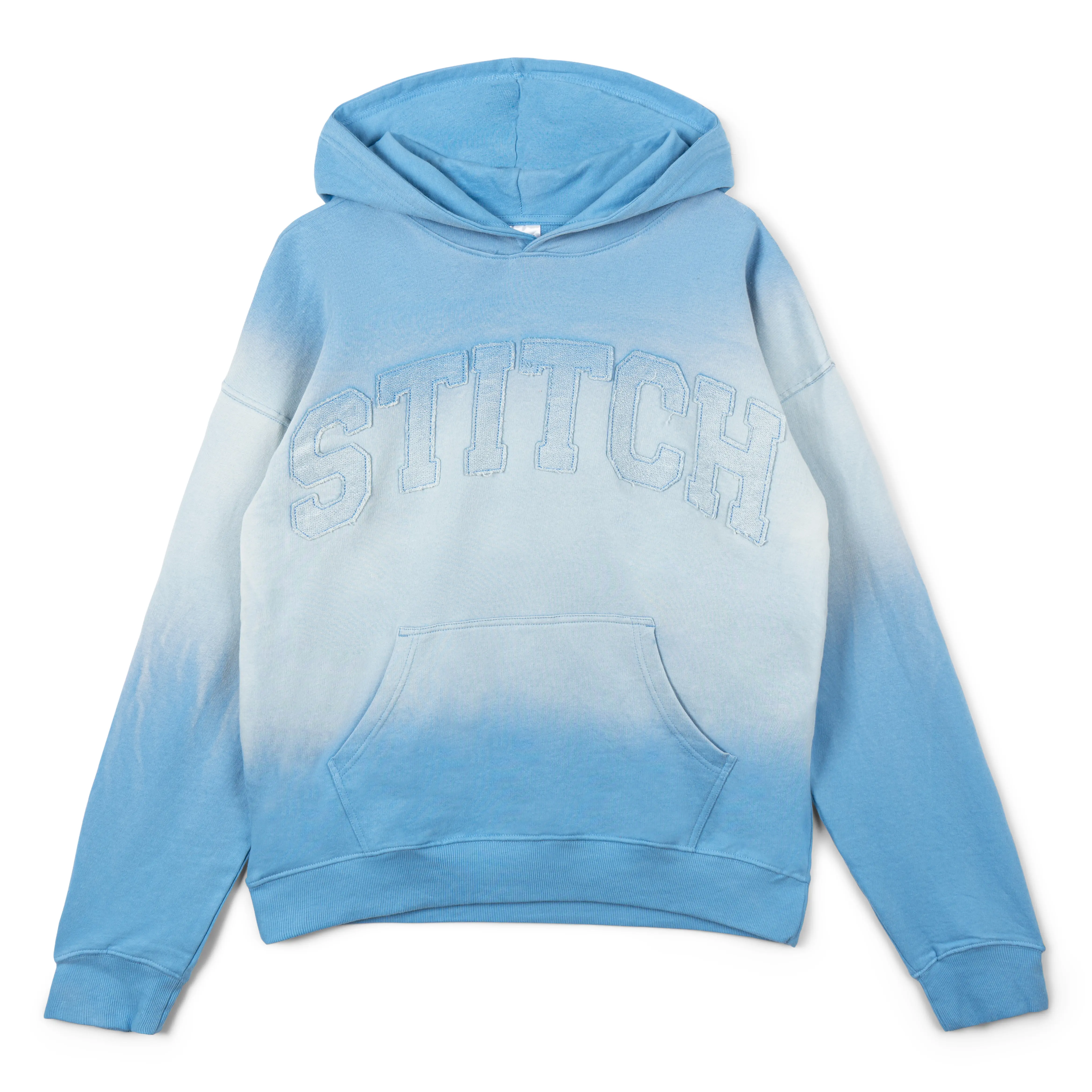 Disney Lilo & Stitch Girls' Knit Long-Sleeve Ribbed 1-Piece Printed Pullover Hoodie - Navy Blue Ombre Colorblock Top, Allover Print, Stitch Logo, Relaxed Cut, Athletic Varsity Numerals, Drop Shoulder, Drawstring Casual Tops