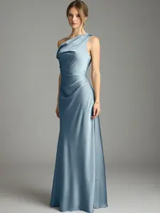 Azazie Emerson Mermaid One-Shoulder Off-Shoulder Pleated Wedding Guest Evening Satin Dress