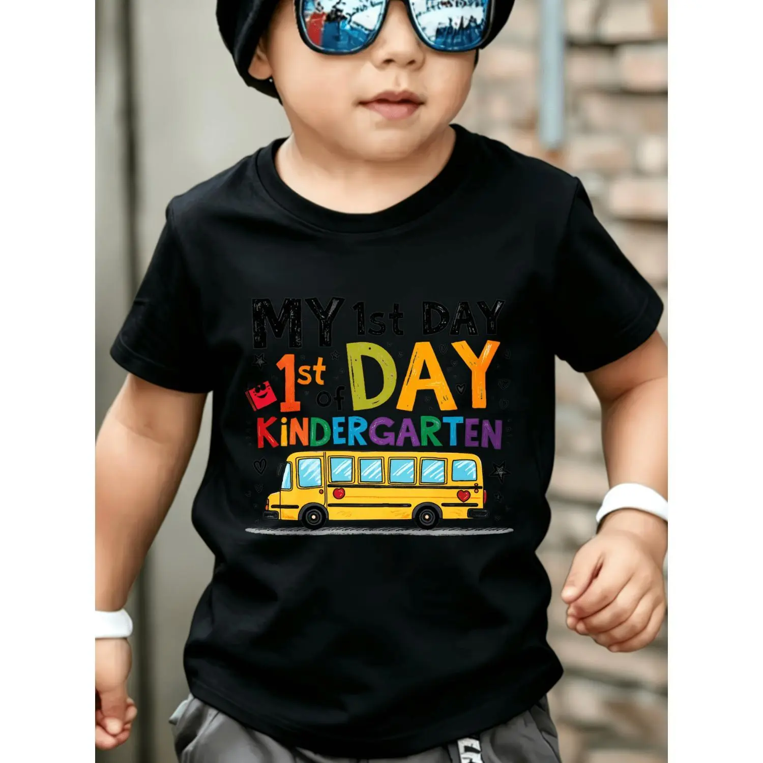 Cute Graphic, Boys' Fashion Short Sleeve T-Shirt, My 1St Day of Kindergarten School Bus Print, Back to School Season, Toddler Boy Gift