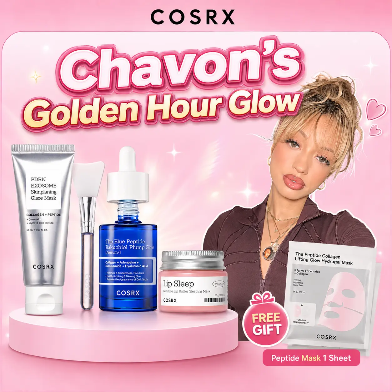 [GWP] [Chavon x COSRX] Chavon’s Golden Hour Glow l Blue Copper Peptide Serum 1EA + Ceramide Lip Sleeping Mask 1EA + PDRN EXOSOME Peel-off Mask 1EA + GWP Peptide Hydrogel Mask 1 Sheet l Korean skincare set l K-beauty l Glazed skin