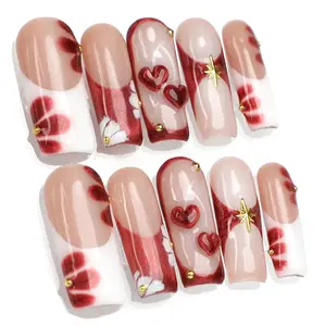 PG35 Sweetheart Glam | Handmade Long Square 10 PCS 3D Gel Press-On Nails | Reusable, Long-Lasting, Salon-Perfect Finish，3D Gel fake nails acrylic press nails