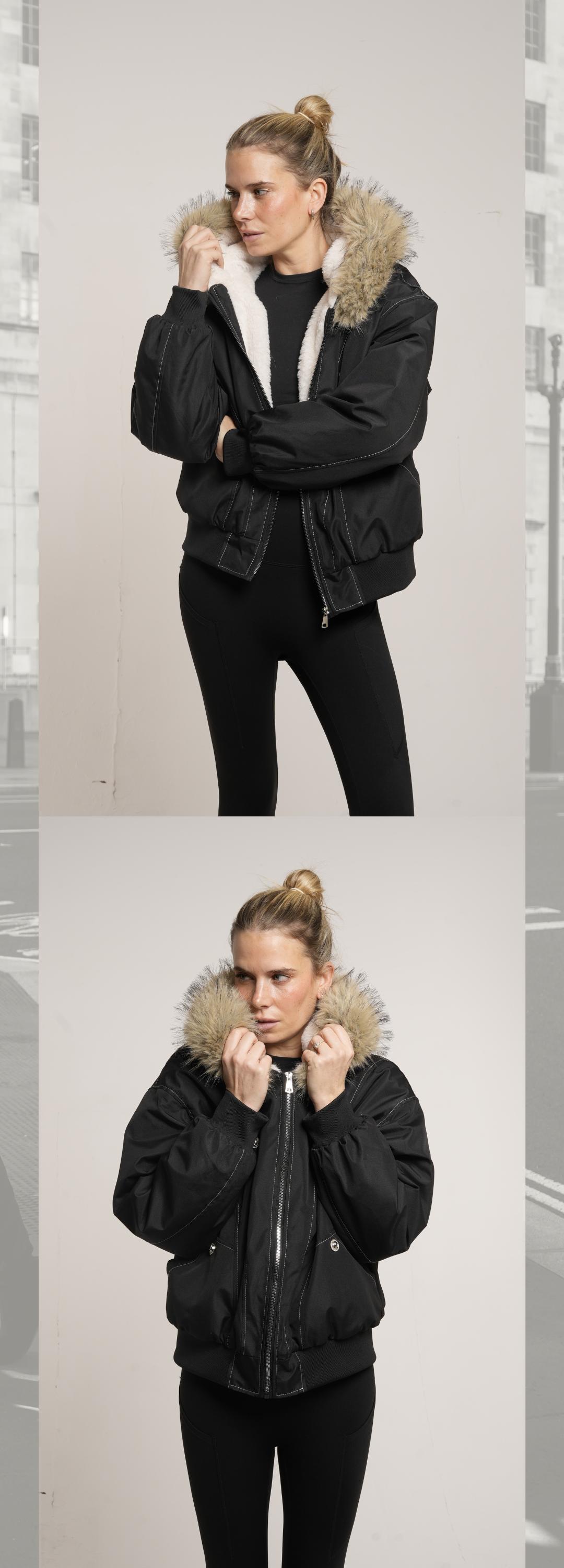 PUFFIT STM-TEX Faux Fur Lined Waterproof Bomber Jacket With Faux Fur Collar Hood,Elegant And Sophisticated,Enhances Warmth, Providing A Soft,Beautiful And Warm, Offering Both Style And Practicality,Y2K Style SpringStatements