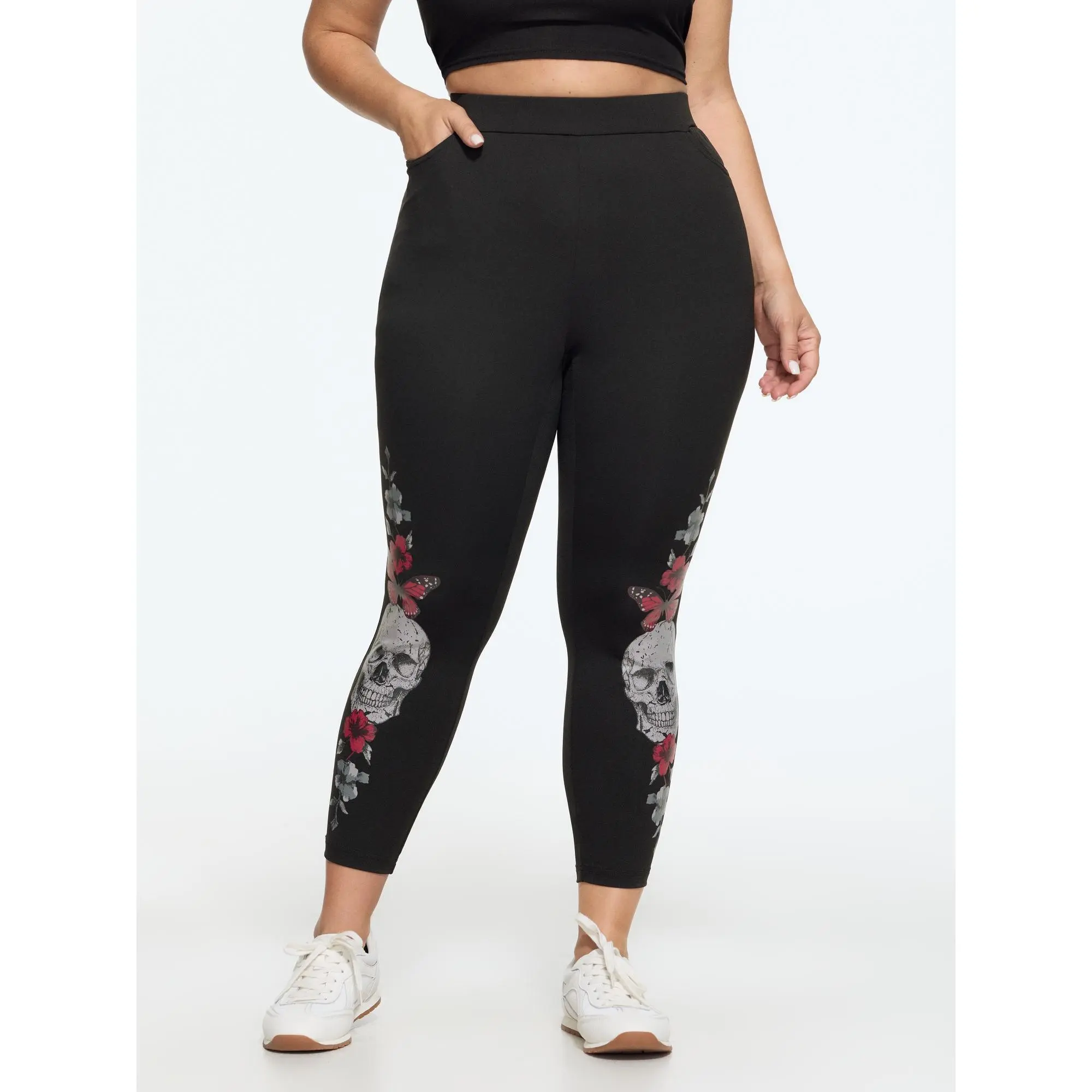 BloomChic Stretch Gothic Skull Floral Butterfly Print Leggings 【M-6XL】