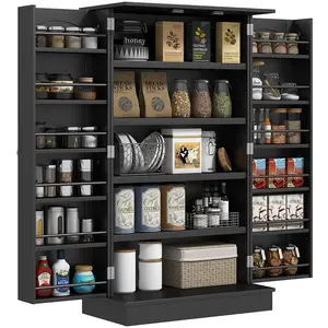 Freestanding Kitchen Pantry Cabinet – Black. Kitchen Cabinet with 12 Door Shelves, Double Doors & 5-Tier Shelving. 23.6"W x 11.8"D x 40.9"H