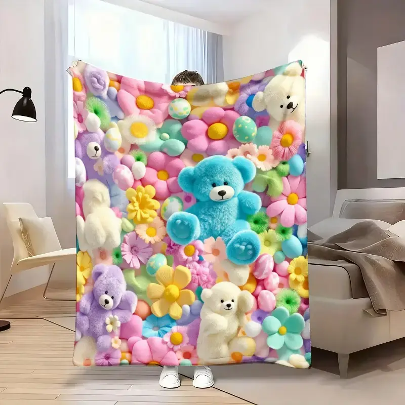 Teddy Pastel Floral Print Throw Blanket, Kawaii Plush Super Soft Cozy Throw for Kids, Bedroom Blanket & Gift Item, Floral Print Blanket summerwins