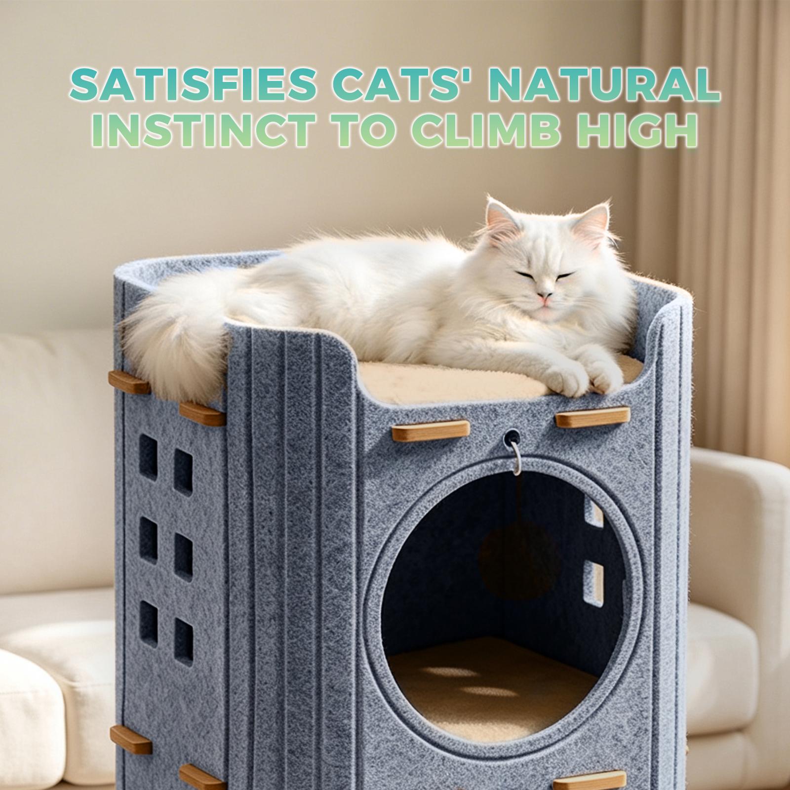 2-Tier Detachable Felt Cat Tower House Multi Level Cat Cave Condo with Hanging Pom-pom Toy Scratch Pad Base Breathable Hollow Window Design Indoor Large Space Cat Shelter for Kittens Adult Ca